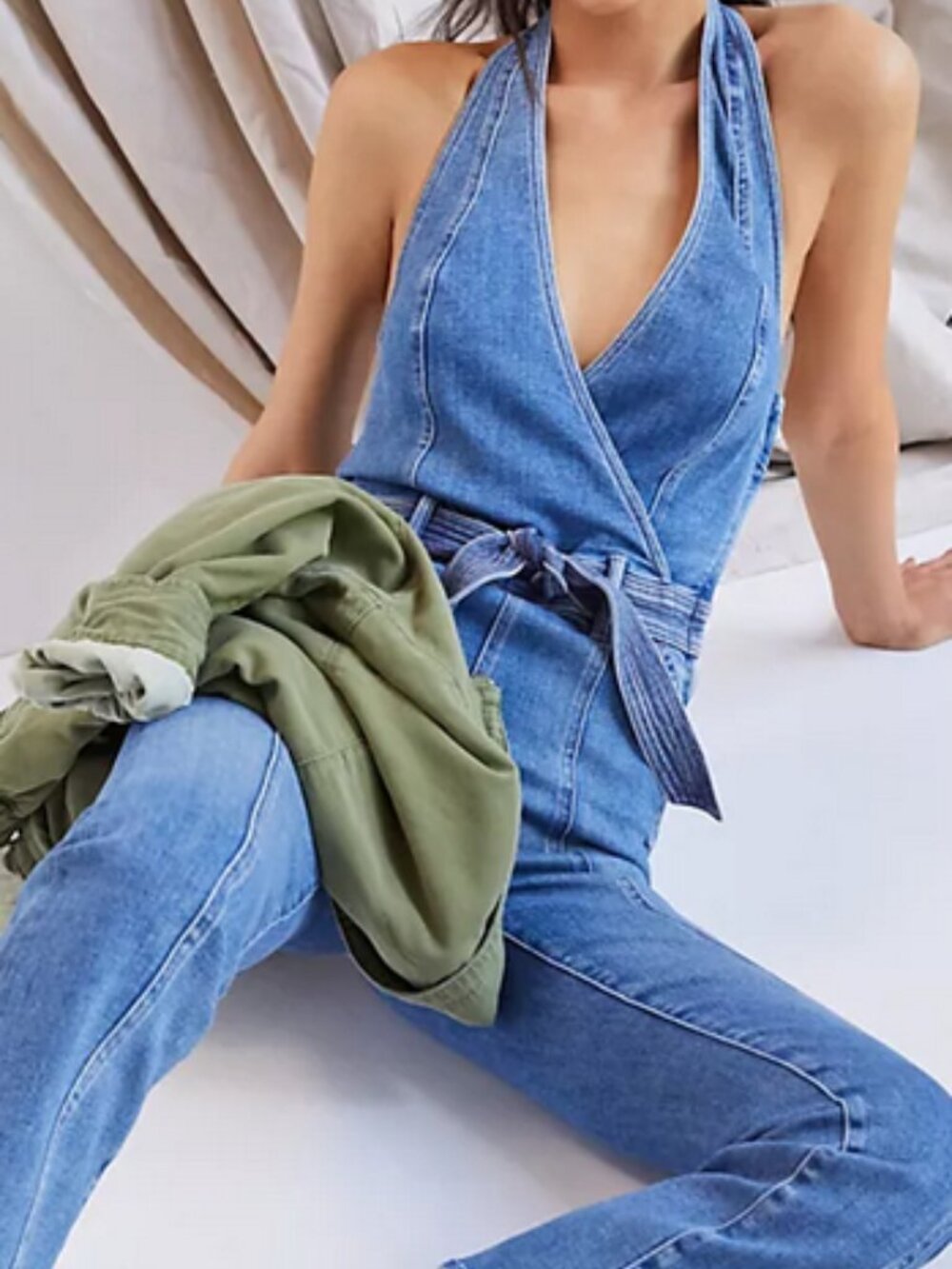 MOTHER Blue Denim Halter crop jumpsuit with Tie Waist